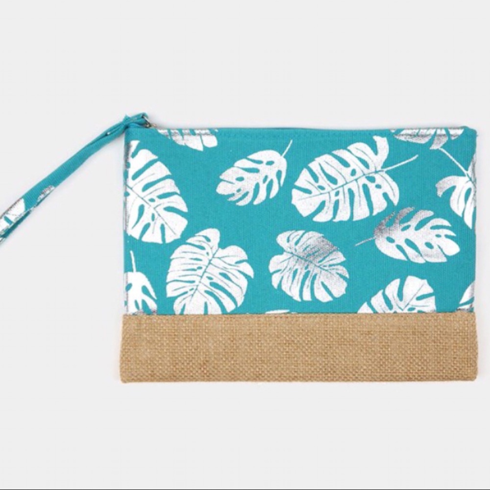 Tropical Leaf Print Zippered Wristlet - Turquoise